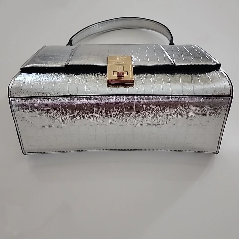 Aldo Rotoua Silver Gold Two Tone Metallic Top Handle Crossbody Mini Handbag - Picture 6 of 14